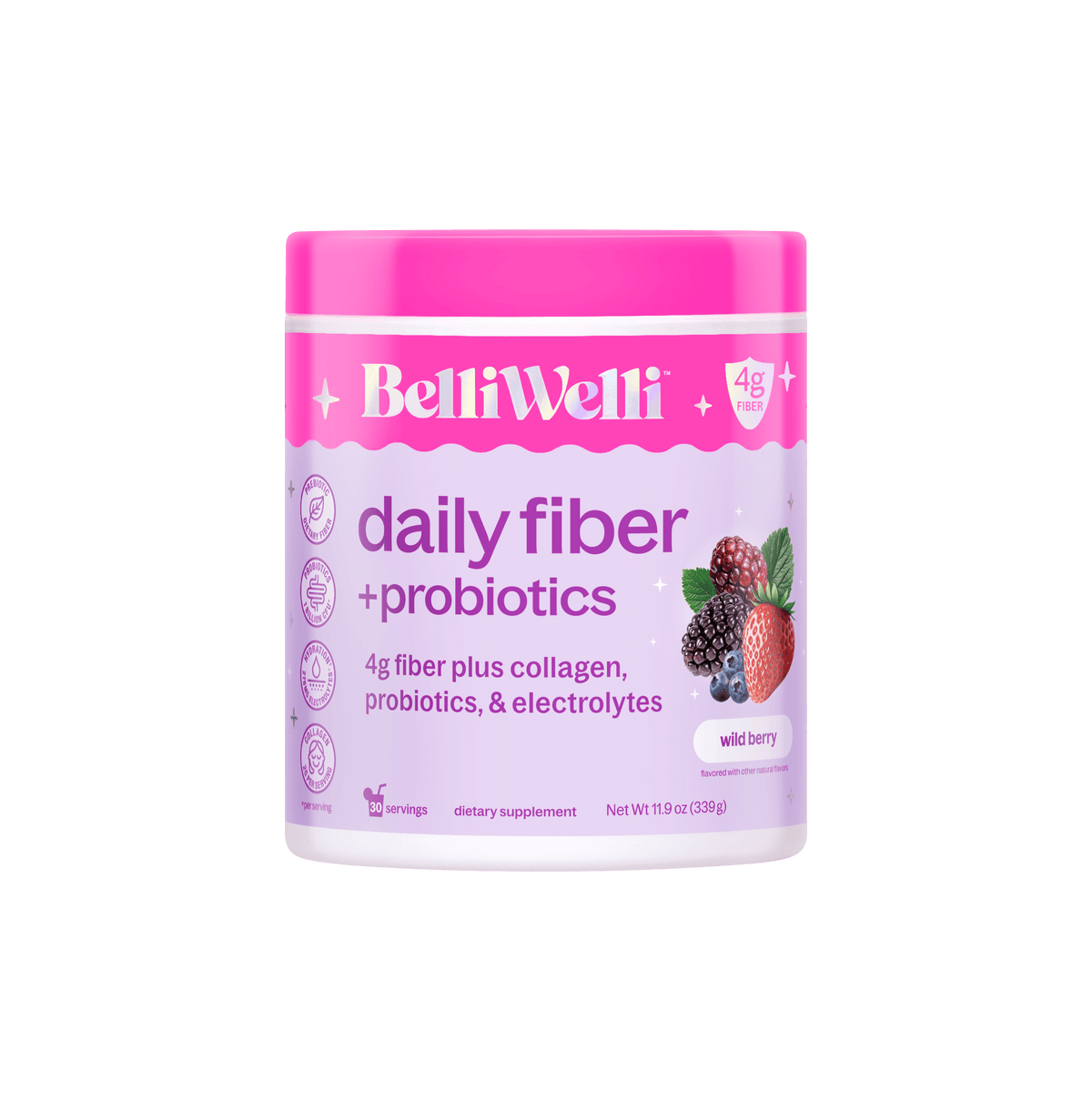 BelliWell daily fiber + probiotics in a white plastic jar with a bright pink lid and a light purple label, featuring wild berry flavor graphics, on a solid white background.