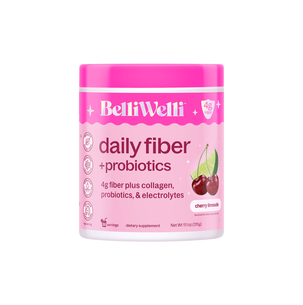 BelliWell daily fiber + probiotics in a cherry limeade flavor, shown in a cylindrical white plastic jar with a bright pink lid and pink label on a white background.