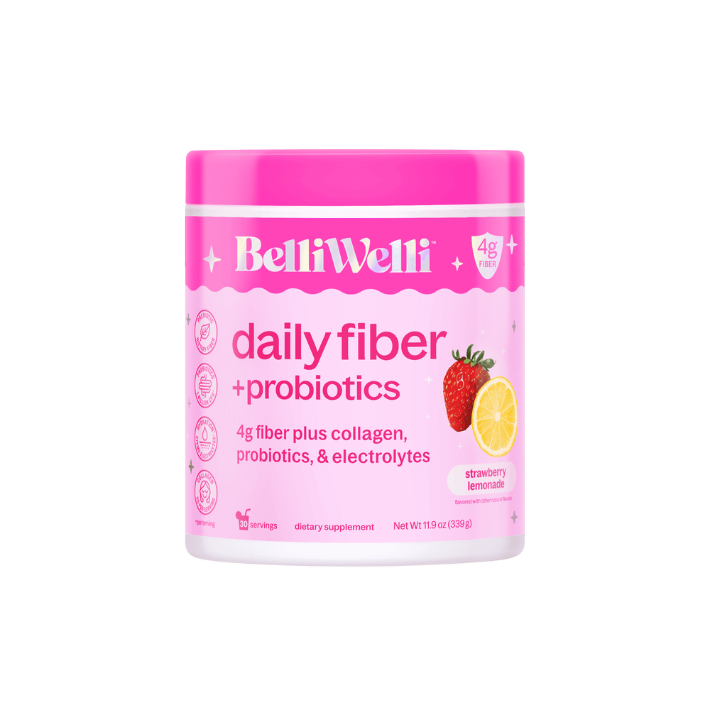 BelliWell daily fiber + probiotics in a white plastic jar with a bright pink lid and pink label, featuring strawberry lemonade flavor and a strawberry and lemon graphic on the front.
